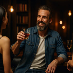 Confident man enjoying a drink and conversation at a lounge—symbolizing the ease and flexibility of à la carte ED sessions in St. George